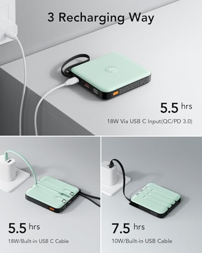 VRURC Portable Power Bank Built-in Cables, 20000mAh 22.5W Fast Charging USB C Battery Pack, Travel Essentials, Phone Charger Battery for iPhone 17/16/15 Series, Samsung Galaxy Series, Green(1 Pack) - color: Green