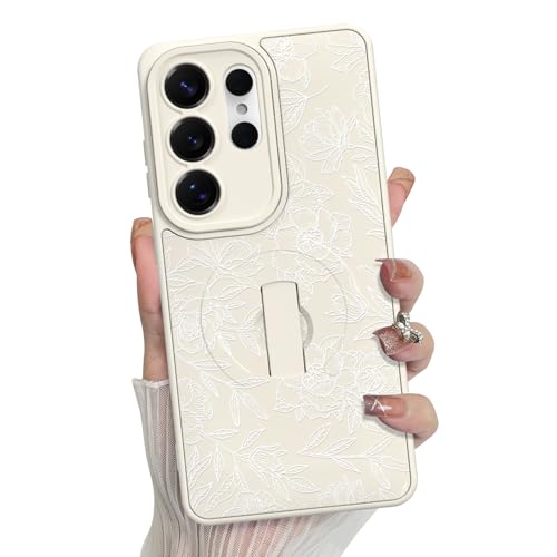MZELQ for Samsung Galaxy S26 Ultra Case Rose Floral Flower Pattern -White | Silicone Cute Support for MagSafe, Kickstand Wristband Camera Protection Soft Slim Phone Case for Girls Women - color: White-Rose, size: Samsung Galaxy S26 Ultra