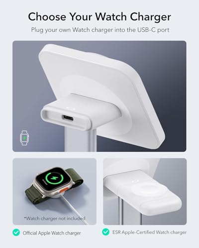 ESR 2 in 1 Magsafe Charger Stand, Wireless Charger Stand for iPhone [Certified], Magsafe Wireless Charging for Multiple Devices iPhone 17e/17/16/15/14/13/12, Apple Watch& AirPods 4/3, White