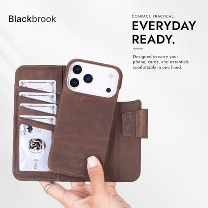 BlackBrook Detachable Leather Wallet Case Compatible with iPhone 17 Pro | Full-grain detachable folio with RFID blocking, 3 card slots, ID window, built-in kickstand, wireless charging, handcrafted. - color: Distressed Coffee, size: iPhone 17 Pro