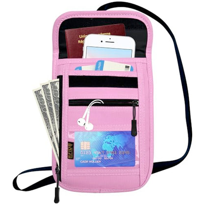 RFID Blocking Travel Neck Wallet Pouch and Passport Holder, Travel Neck Pouch Passport Holder for Women & Men - Pink - color: Pink