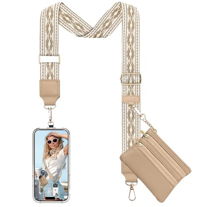 TiMOVO Clip and Go Phone Strap Crossbody with Leather Wallet, Adjustable Anti-Theft Lanyard with Pouch for Most Phone Case - color: Khaki + Beige