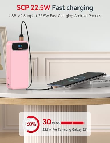 aonidi Portable Charger 20000mAh with Built-in Cables&AC Wall Plug, Pink - color: Light Pink