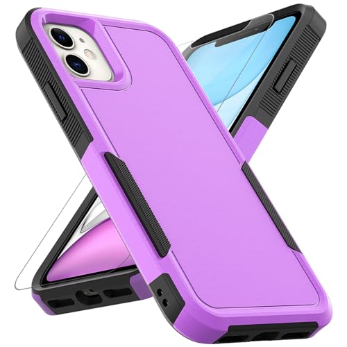for iPhone 11 Case: Dual Layer Protective Heavy Duty Cell Phone Case Shockproof Rugged Bumper Tough with Screen Protector - 16ft Military Grade Drop Tested for Appple iPhone 11 (6.1 inch), Purple - color: Purple (PC) + Black (TPU)