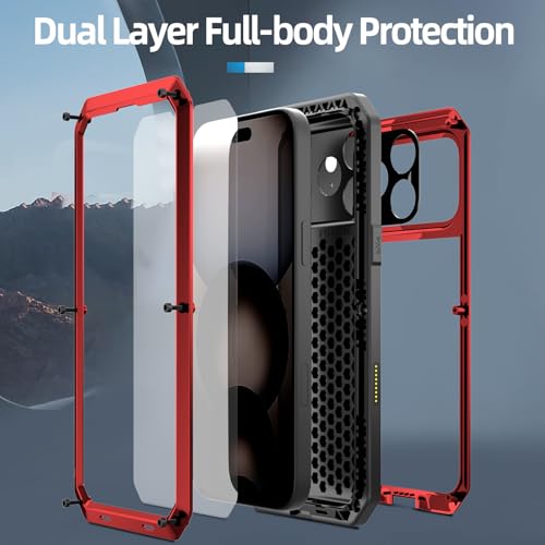 Compatiable with iPhone 17 Pro Max Case,360 Full Body Protective Cover Heavy Duty Shockproof [Tough Armour] Aluminum Alloy Metal Case with Silicone Built-in Screen Protector - Red - color: Red