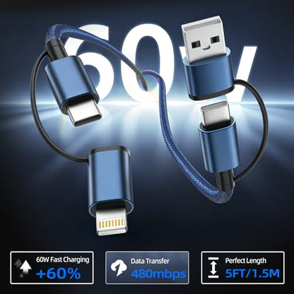 60W 4 in 1 Multi Charging Cable 2 Pack 5FT, USB C to USB C Cord - color: NavyBlue