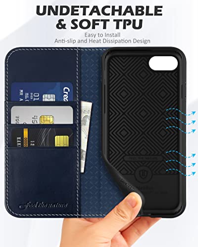 SHIELDON Leather Case Wallet for iPhone iPhone SE3/SE2/8/7, Retro Dark Blue | Genuine Leather, Folio Magnetic Closure, RFID Blocking, Credit Card Holder, Kickstand, Shock Absorbing Protective Cover - color: Dark Blue - Retro