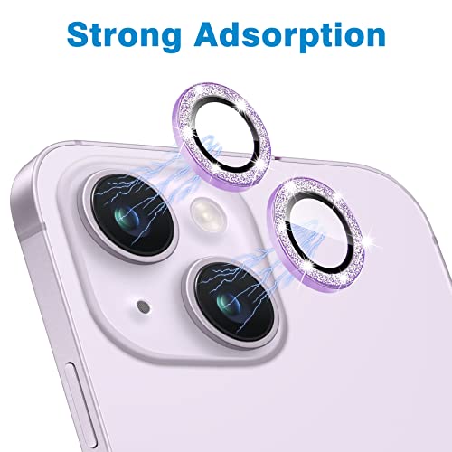 Compatible with iPhone 14 & 14 Plus Camera Lens Protector, Bling Glitter Diamond Lens Cover 9H Tempered Glass Camera Cover Anti Scratch Shockproof Screen Protector Individual Lens Ring - 2PCS - color: Purple Glitter
