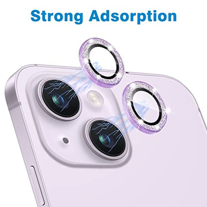 Compatible with iPhone 14 & 14 Plus Camera Lens Protector, Bling Glitter Diamond Lens Cover 9H Tempered Glass Camera Cover Anti Scratch Shockproof Screen Protector Individual Lens Ring - 2PCS - color: Purple Glitter