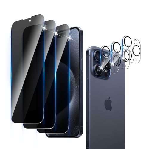 3+3 Pack Privacy Screen Protector Designed for iPhone 15 Pro With 3 Pack Camera Lens Protector,Full Coverage Anti-Spy Tempered Glass Film,9H Hardness,Bubble Free,Easy to Install - color: iPhone 15 Pro FK33