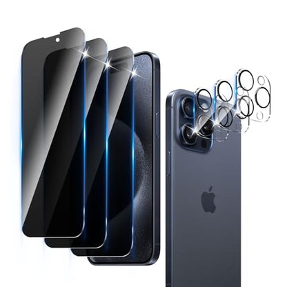 3+3 Pack Privacy Screen Protector Designed for iPhone 15 Pro With 3 Pack Camera Lens Protector,Full Coverage Anti-Spy Tempered Glass Film,9H Hardness,Bubble Free,Easy to Install - color: iPhone 15 Pro FK33