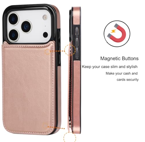 for iPhone 17 Pro Max Wallet Case with Screen Protector, Slim PU Leather Protective Case with Card Holder[RFID Blocking] Kickstand Cover 6.9“-Rose Gold - color: Rose Gold
