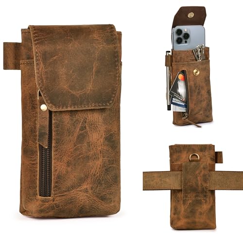 Leather Village Genuine Leather 7”x3.5” Phone Holster Pouch with Belt Clip, Magnetic Closure, ID Card Holder - Brown Universal Case for iPhone, Samsung Galaxy, Google Pixel - color: Distressed Brown