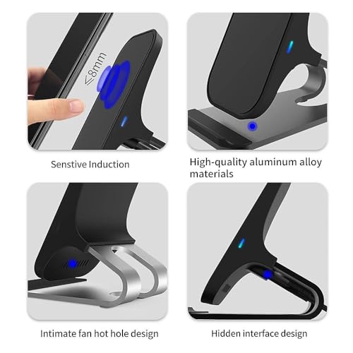 15W Wireless Charging Stand, Aluminum Alloy Anti-Slip, 6-Fold Safety Protection, Charging with Case(Black+Silver)