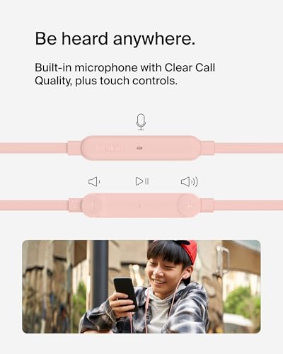 Belkin USB-C Wired Earbuds, Adjustable Volume Limiter, IPX5 - color: Pink, size: One Size, style: USB-C + Volume Control