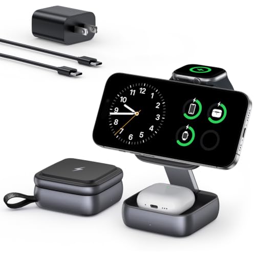 UEQ 3 in 1 Wireless Charging Station for Apple Devices,Foldable Fast Travel Magnetic Wireless Charger,Compatible with MagSafe Charger for iPhone 17 Air 16 15 14 13 12,Apple Watch&AirPods Pro