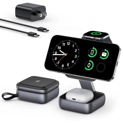UEQ 3 in 1 Wireless Charging Station for Apple Devices,Foldable Fast Travel Magnetic Wireless Charger,Compatible with MagSafe Charger for iPhone 17 Air 16 15 14 13 12,Apple Watch&AirPods Pro