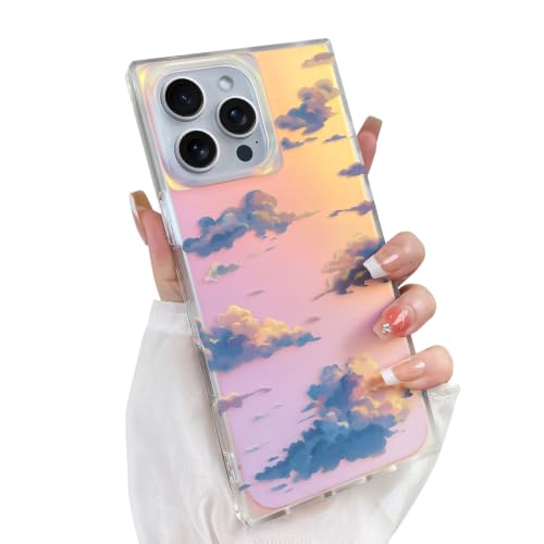 Cute Rectangle Case for iPhone 16 Pro Case, Iridescent Clouds | Twilight Sun Set Sky Pattern Design, Aesthetic Girly Matte Glitter Protective Phone Cover for Women Girls - size: iPhone 16 Pro