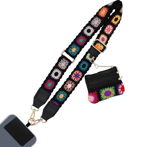 Phone Lanyard Crossbody with Zipper Pouch, Adjustable Phone Strap with Detachable Wallet/Wrist, Holds Multiple Cards & Cash, Clip and Go Strap Women/Teacher Gift for All Phone, Embroidered - color: Black Embroidery