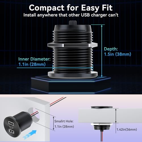 2PCS RV USB Outlet 72W Aluminum Alloy 12V/24V 3 Ports Recessed Mount - color: Deep Black, size: 2P