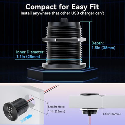 2PCS RV USB Outlet 72W Aluminum Alloy 12V/24V 3 Ports Recessed Mount - color: Deep Black, size: 2P