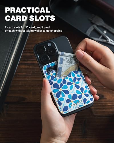 VULKIT Stick on Card Holder Compatible for iphone Leather Cell Phone Wallet Credit Card Case Strong Sticker for Women - color: Blue Bloom