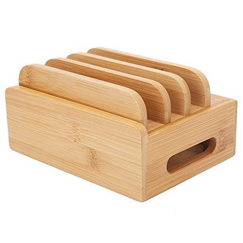 Oumefar Bamboo Multi-Device Stand Holder Charging Station Phone Tablet Charger Organizer 4 in 1 Charging Station for Multiple Devices for Meeting Rooms Restaurants Hotels and Homes