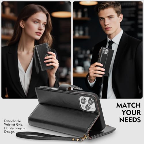 Compatible with iPhone 13 Pro Max Wallet Case with Card Holder RFID Blocking Zipper Poket PU Leather Flip Phone Case with Wrist Strap Credit Card Slots Men Women,for Apple 13 Pro Max,Black - color: Black, size: iPhone 13 Pro Max - 6.7