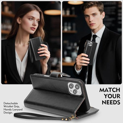 Compatible with iPhone 13 Pro Max Wallet Case with Card Holder RFID Blocking Zipper Poket PU Leather Flip Phone Case with Wrist Strap Credit Card Slots Men Women,for Apple 13 Pro Max,Black - color: Black, size: iPhone 13 Pro Max - 6.7