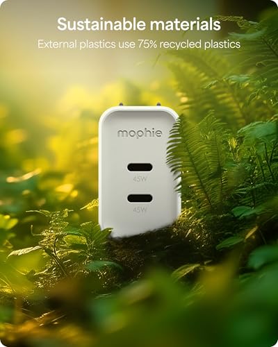 Mophie Speedport 45 GAN USB-C Charger Block - 45W Fast Wall Charger, 2× USB‑C PD Ports, Compact Foldable Prongs, Made with Recycled Materials, for Smartphones, Tablets, Headphones - style: 45W
