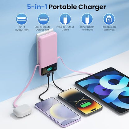 Portable Charger for iPhone,13800mAh Slim Power Bank with Built-in Cables & AC Wall Plug,All in One 4 Outputs USB C Fast Charging Battery Pack for iPhone 18/17/16/15,Android,Travel Essential (Pink) - color: Pink