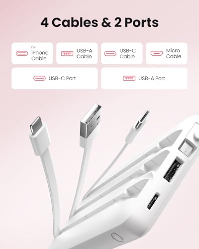 Portable Power Bank, 10000mAh Slim Portable Charger with Built-in Cables, External Battery Pack 5 Outputs 2 Inputs LED Display Compatible with iPhone/Android & More (White) - color: White