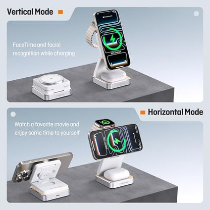 Fast 25W 3 in 1 Foldable Wireless Charging Station with Light 45W Adapter - color: WHITE