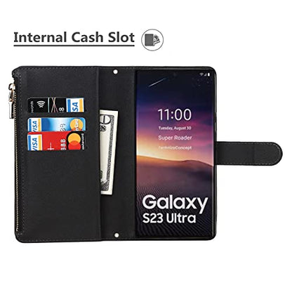 iCoverCase for Samsung Galaxy S23 Ultra Wallet Case with Card Holder, Kickstand Feature PU Leather Case with Adjustable Crossbody Lanyard Magnetic Clasp Zipper Pocket Flip Cover (Black) - color: Black, size: Galaxy S23 Ultra