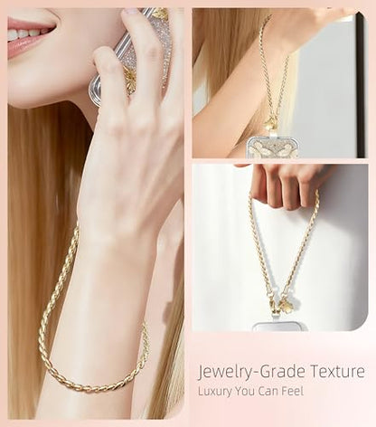 ROCONTRIP Metal Phone Lanyard with Gold Chain Detachable Phone Chain Wristlet with 2 Tether Tabs Universal iPhone Wrist Strap Premium Metal Buckles,Non-Rust,Unbreak iPhone Wristlet For Travel Shopping - color: Bright Gold