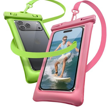 Floating Waterproof Phone Pouch 2 Pack - Dual Floatable Airbags Up to 7.2", IPX8 Waterproof Phone Dry Bag with Lanyard for Beach, for iPhone 17 16 15 Samsung Galaxy Etc., Pink + Green - color: Pink + Green