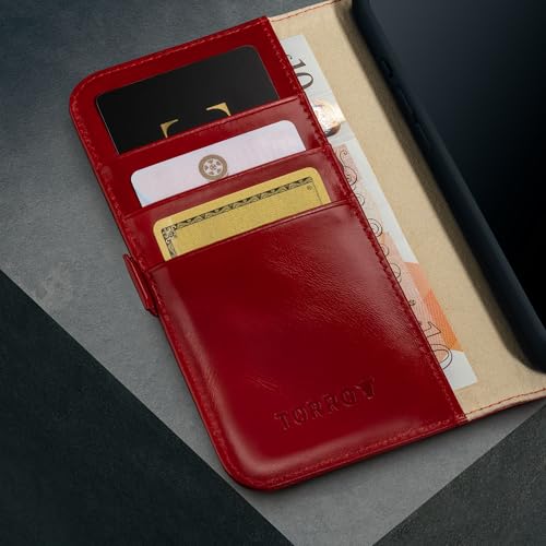 TORRO Premium Leather Case Compatible with iPhone 16 Pro 6.3" – Genuine Leather Wallet Flip Folio Case with Kickstand and Card Slots (Compatible with Official MagSafe Chargers) - Red - color: Red