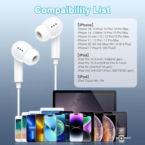 [Apple MFi Certified] Wired Headphones for iPhone 14 13 12,Lightning Connector Built-in Mic& Volume Control HiFi Stereo Nosie Reduction Earphones Earbuds Compatible with iPhone 13/11/XR/XS/X/8/7(2Pcs) - color: Pure white