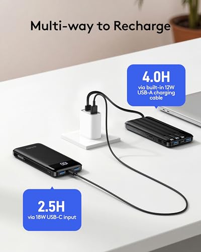 Orfeika Fast Charging Portable Charger Power Bank with Built-in 4 Cables | 10000mAh|Ultra-Slim&Light|Flight-Safe|Power 6 Devices at Once|22.5W|Battery Pack For iPhone,Samsung,Google|Travel Essentials - color: Black