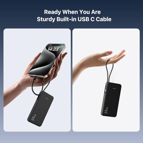 JUOVI 25W Portable Charger 10000mah Power Bank Built-in USB-C Cable - color: Black