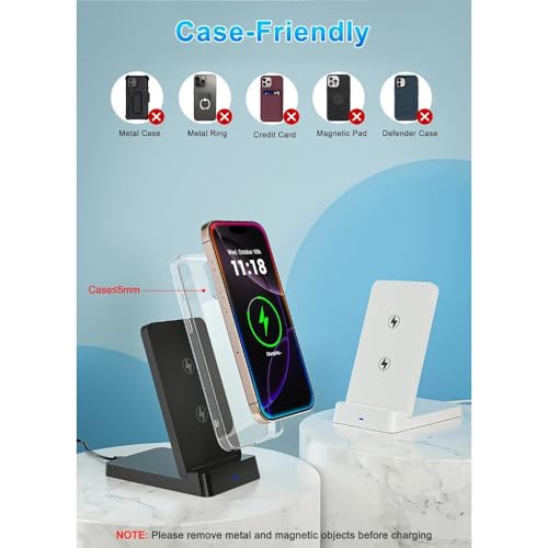 Double Coil Wireless Charger Foldable Phone Holder Stand for iPhone 17 16 15 14 13 12 Pro Max Samsung Xiaomi Fast Charging Station (Black with Cable)