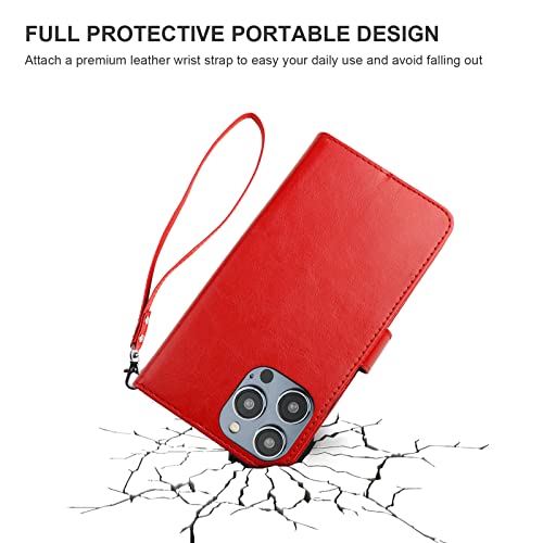 Bocasal Detachable Wallet Case Card Holder for iPhone 14 Pro, Red | RFID Blocking Kickstand Card Slots Holder PU Leather Magnetic Shockproof Wrist Strap Removable Flip Protective Cover 6.1 inch - color: Red