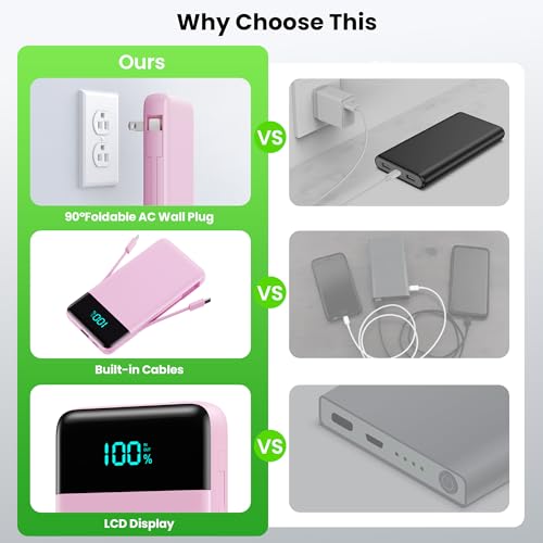 Portable Charger with Built-in AC Plug and Cables,13800mAh All in One USB C Fast Charging Power Bank,Travel Essentials Portable Phone Charger Battery Pack for iPhone 17/16/15/14/13,Galaxy,Android-Pink - color: Pink