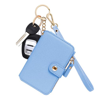 M-Plateau RFID Blocking Keychain Wallet With Leather Wrist Strap | Keychain Wristlet, Womens Card Holder with Zipper Coin Pocket and ID Window - color: Sky Blue