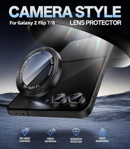 HelloDeere for Samsung Galaxy Z Flip 8 Camera Lens Protector, Military-Grade 9H+ Tempered Glass with AR Optical Tech HD Anti-Glare Anti-Scratch Metal Individual Ring Easy Install Case Friendly, Black - color: Z Flip 8 (Black)
