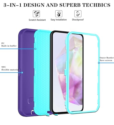 Qinmay Phone Case for Samsung Galaxy A37 5G Case with HD Screen Protector, Heavy Duty Shockproof & Dropproof 3-Layer Cover Phone Case for Galaxy A37,PurpleSkyBlue - color: PurpleSkyBlue