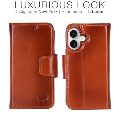BLACKBROOK Wallet Case for iPhone 16 – Burkley 2-in-1 Detachable Folio, MagSafe Compatible, RFID Blocking – Full Grain Leather with Natural Patina, 3 Card Slots, Premium Gift Box - color: Burnished Tan, size: iPhone 16
