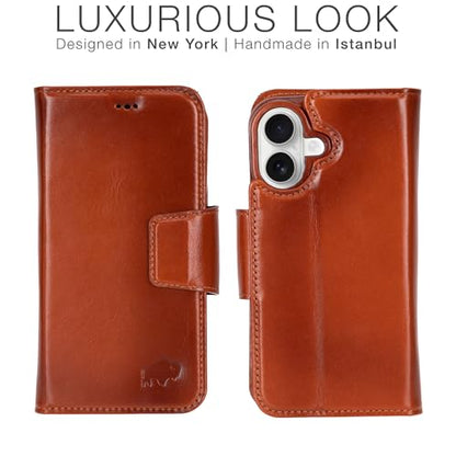 BLACKBROOK Wallet Case for iPhone 16 – Burkley 2-in-1 Detachable Folio, MagSafe Compatible, RFID Blocking – Full Grain Leather with Natural Patina, 3 Card Slots, Premium Gift Box - color: Burnished Tan, size: iPhone 16