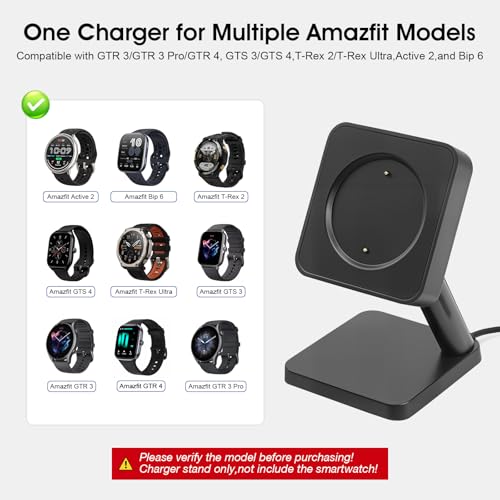 Magnetic Charging Stand Compatible with Amazfit GTR 3 / GTR 3 Pro/GTR 4, Acitive 2,GTS 3 / GTS 4, Bip 6 Smart Watch, Desktop Charger Dock with 3.3FT USB A Cable, Anti-Slip Base