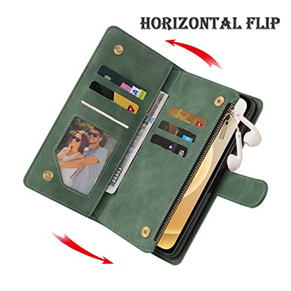 RANYOK Wallet Case Compatible with iPhone 13 Pro Max (6.7 inch), Premium PU Leather Zipper Folio RFID Blocking Wallet with Wrist Strap Built-in Kickstand Protective Case (Black Green) - color: Black Green